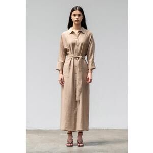 Arch The Stan Collar Tie Shirt Silk Blend Long Dress Tan Sz 2 Minimal